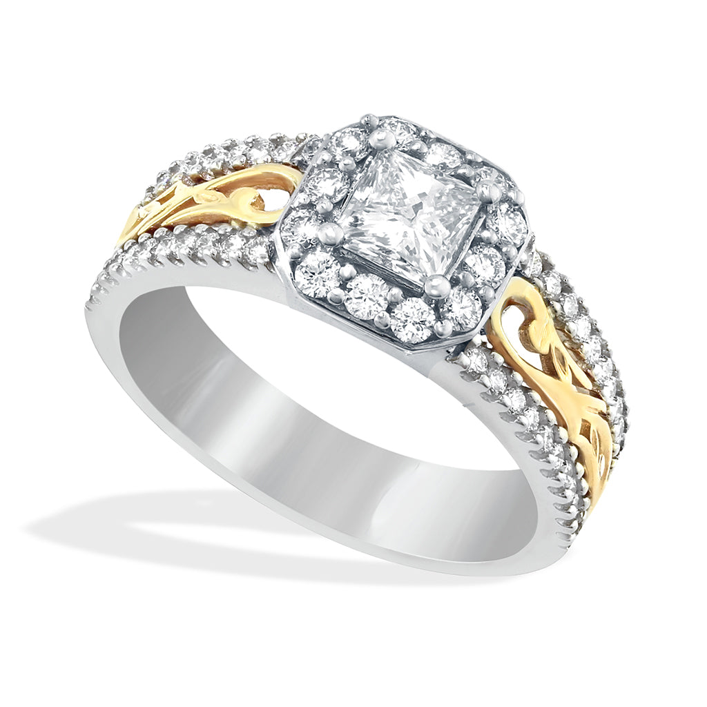 Princess cut halo engagement ring in white gold with yellow gold Nalani filigree in between pavé-set diamonds. Item No. 41880
