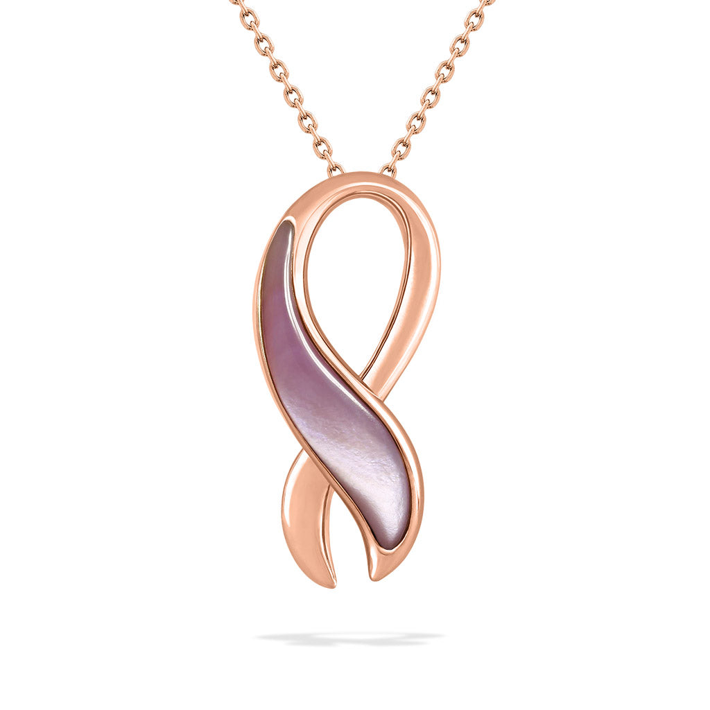 14K rose gold breast cancer ribbon necklace with pink mother of pearl inlay on a 17-inch chain. Item No. 41540