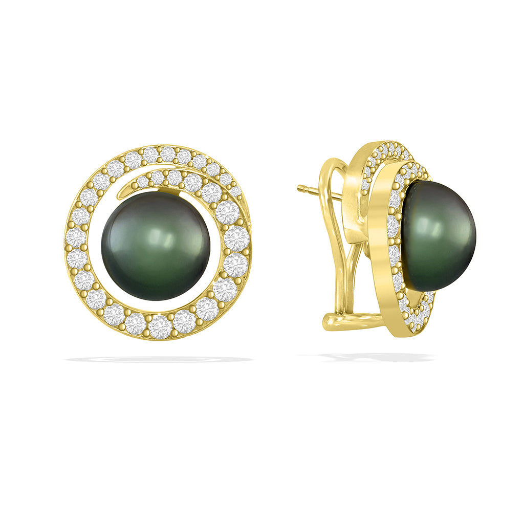 41901 - 14K Yellow Gold - Wave Omega Earrings with Tahitian Pearls and Diamonds