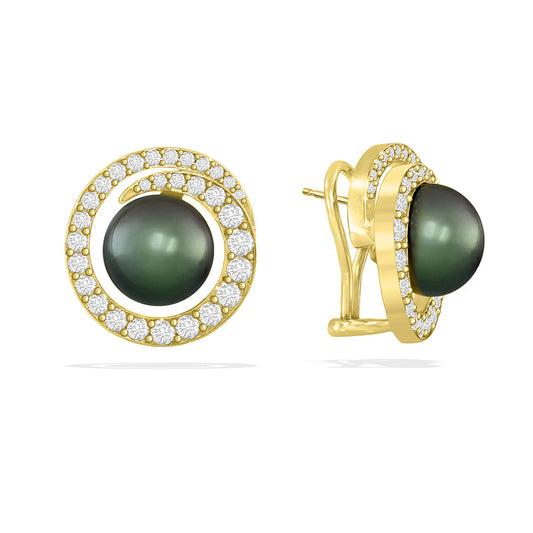 41901 - 14K Yellow Gold - Wave Omega Earrings with Tahitian Pearls and Diamonds