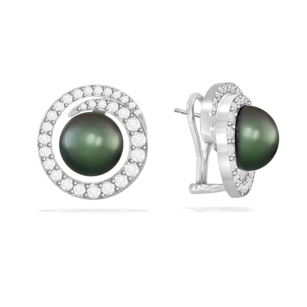 White gold earrings with 11mm Tahitian pearls and diamond-lined wave design, omega back closures. Item No. 41902