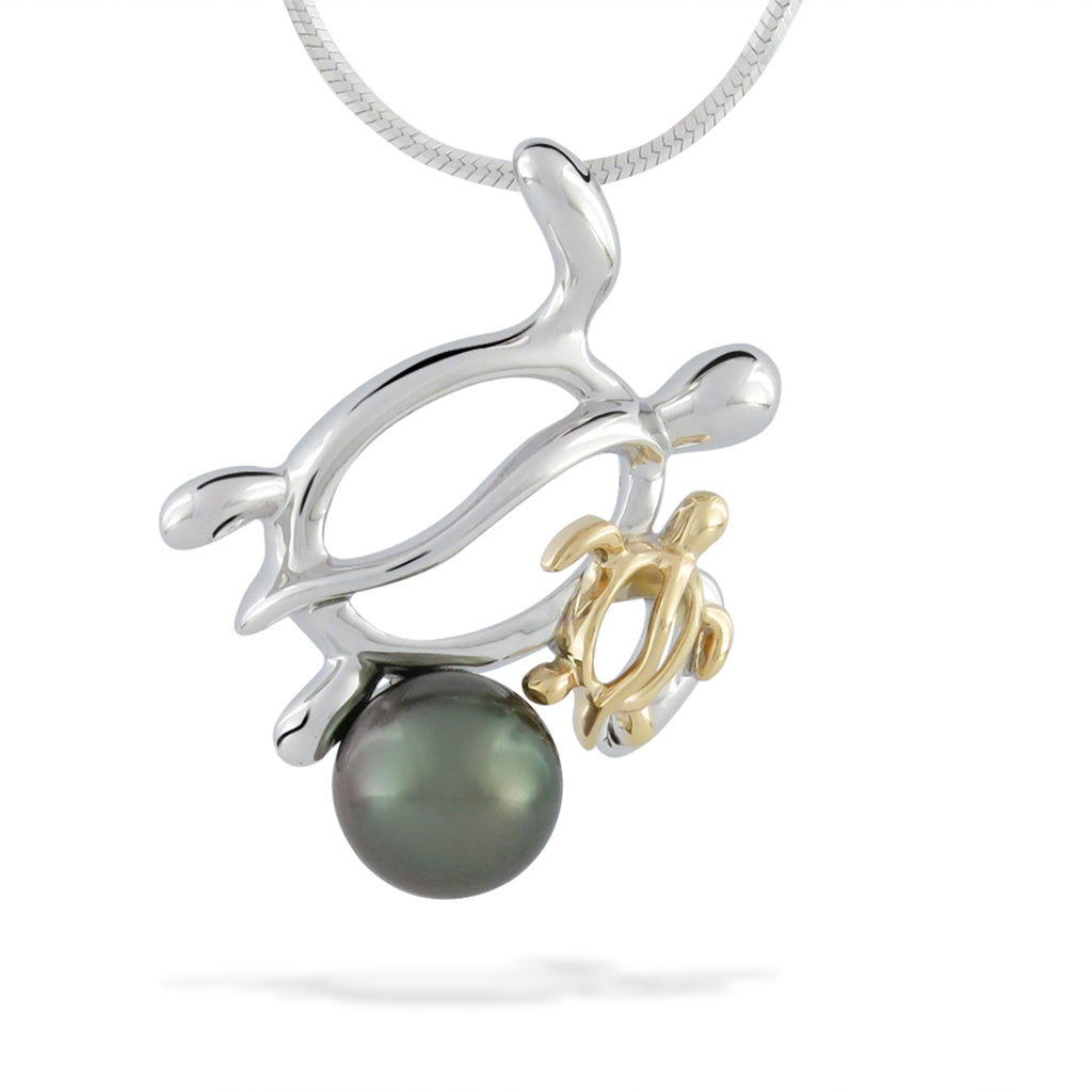 Sterling silver mother turtle & 14k gold baby turtle pendant with a 9mm tahitian pearl. Item No. 41314