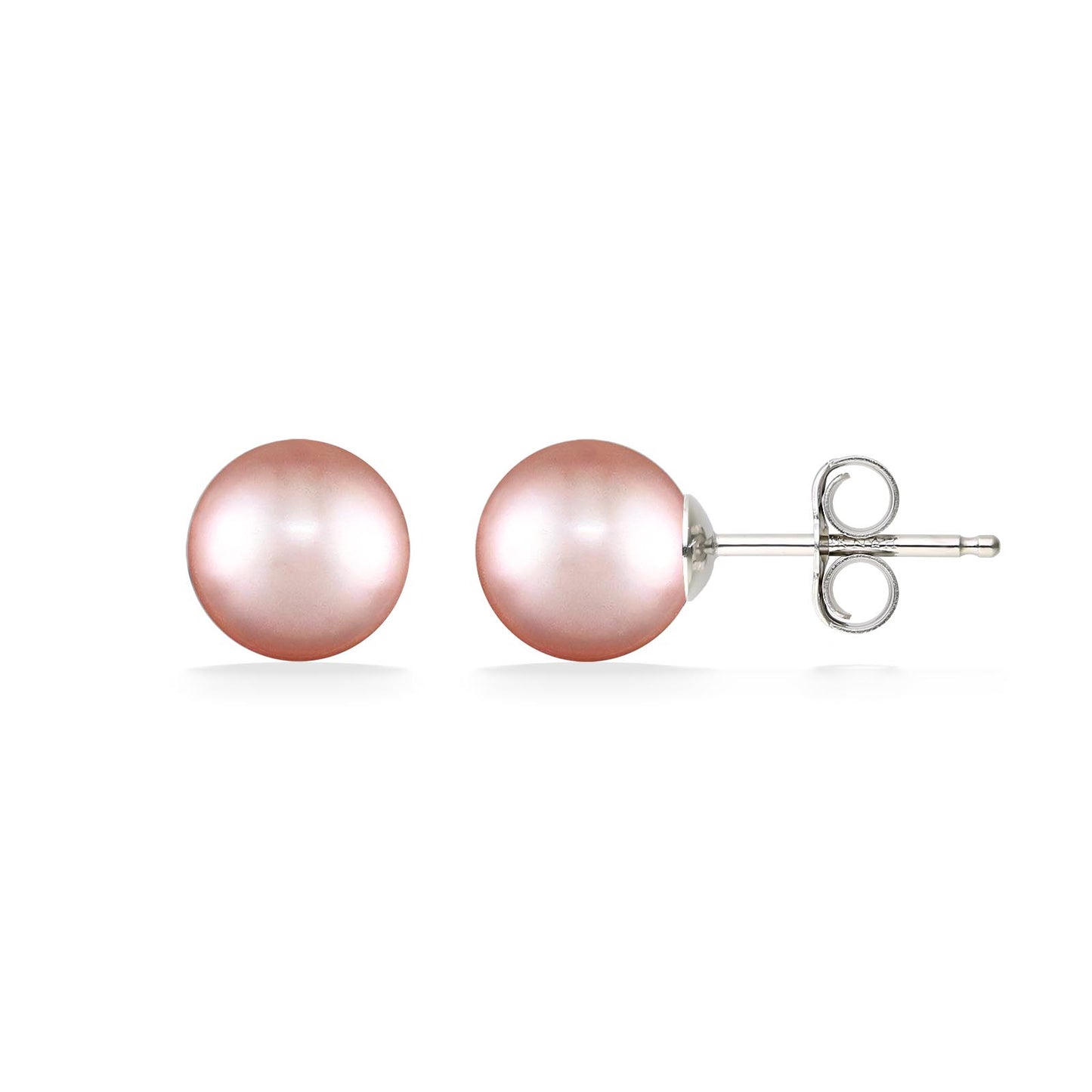 Simple pink freshwater 6.5mm pearl studs. Right side of earrings is tilted to show 14k white gold posts. Item No. 41325