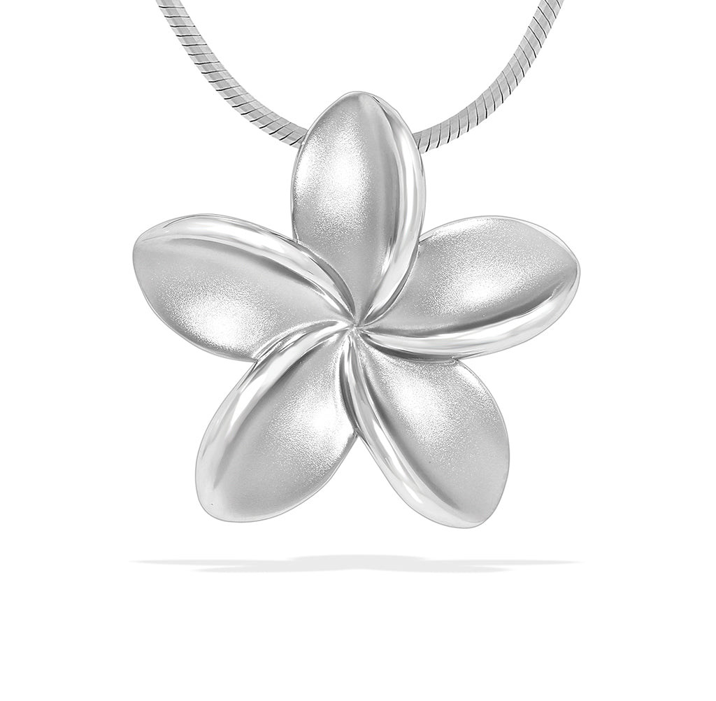 A sterling silver plumeria flower pendant that brings tropical sunshine to your neckline. Item No. 41829
