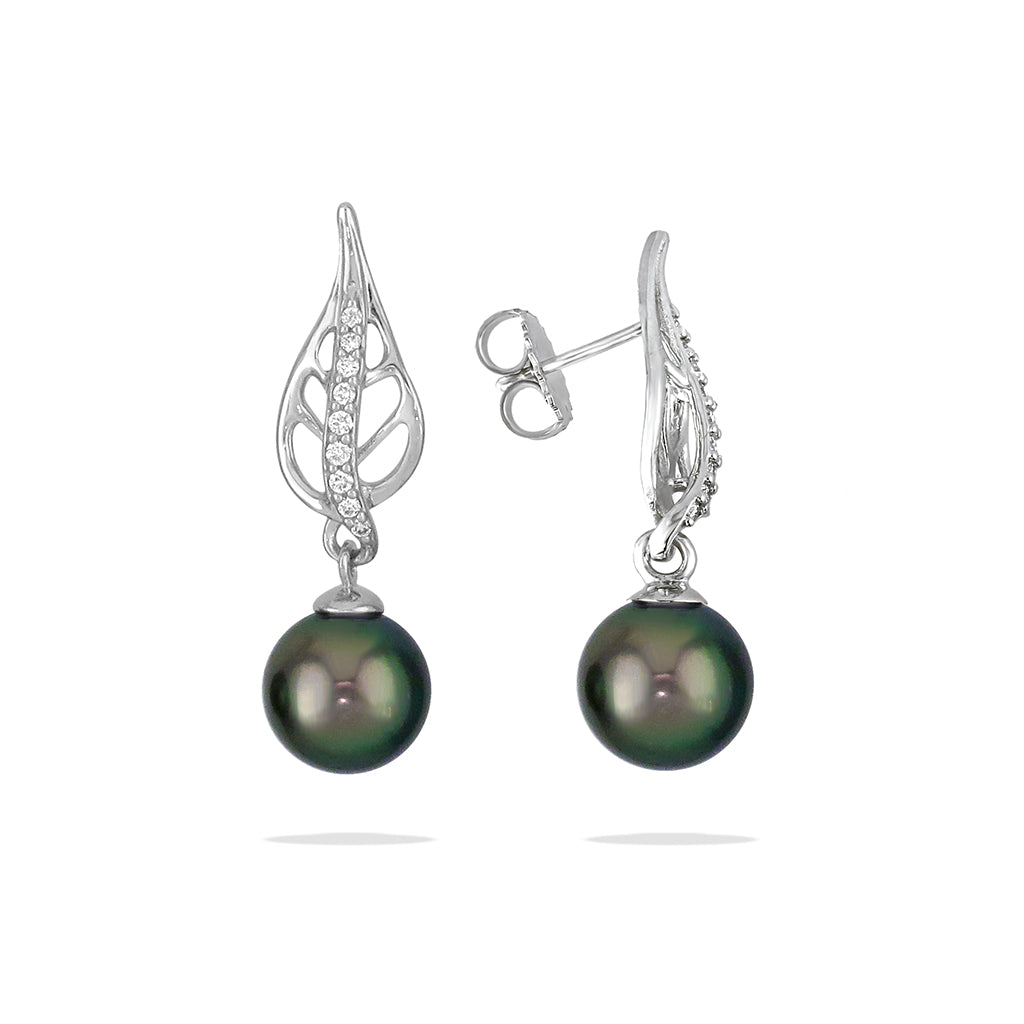Partial view showing post & earnut of diamond-lined 14k white gold open maile leaf with a 9mm tahitian pearl. Item No. 41181