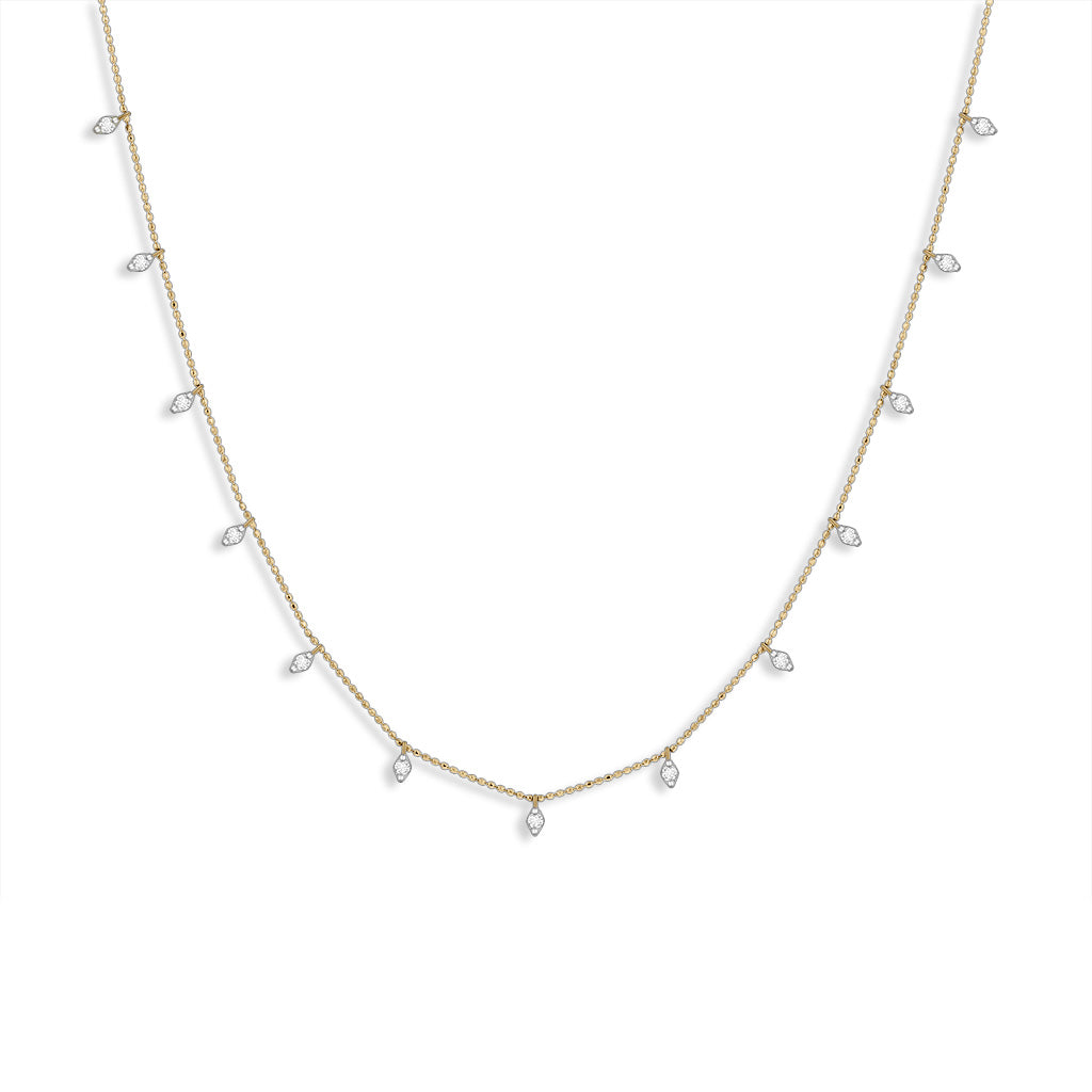 Yellow gold necklace with rhombus-shaped diamond drops evenly spaced along the chain. Item No. 769649