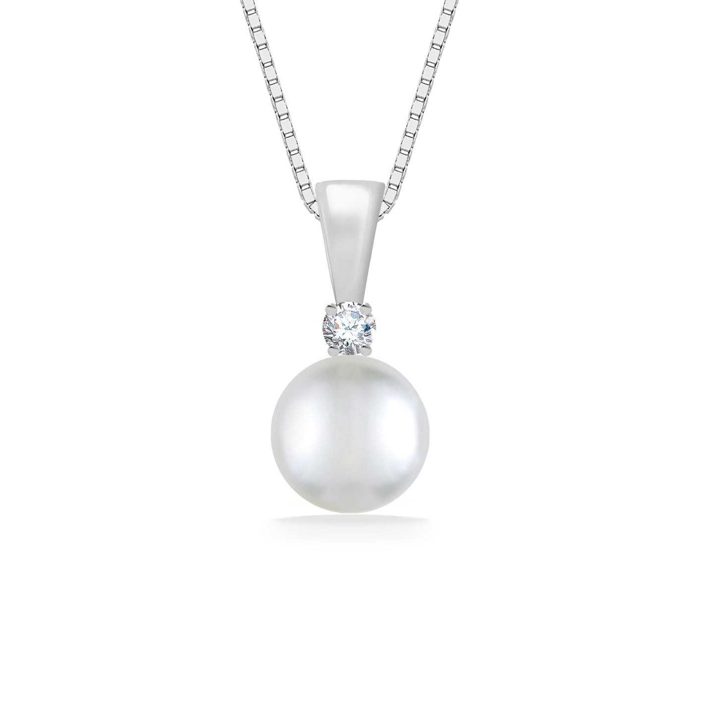 Luminous 7mm round white Akoya pearl pendant with a diamond accent on a delicate matching chain. Item No. 41234