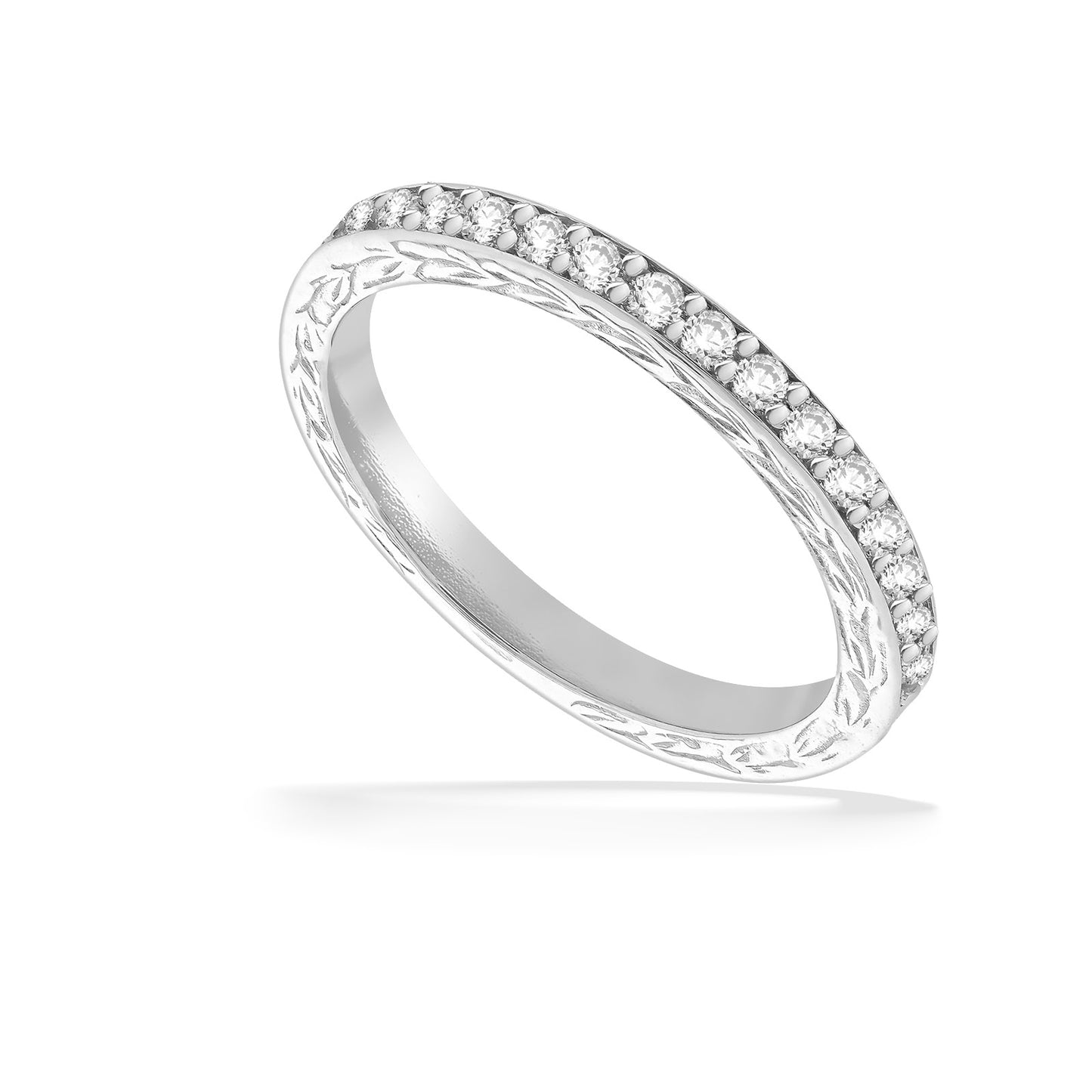 In 14K white gold, this maile scroll stacking ring sparkles with 0.23 carats total weight diamonds. Item No. 41783