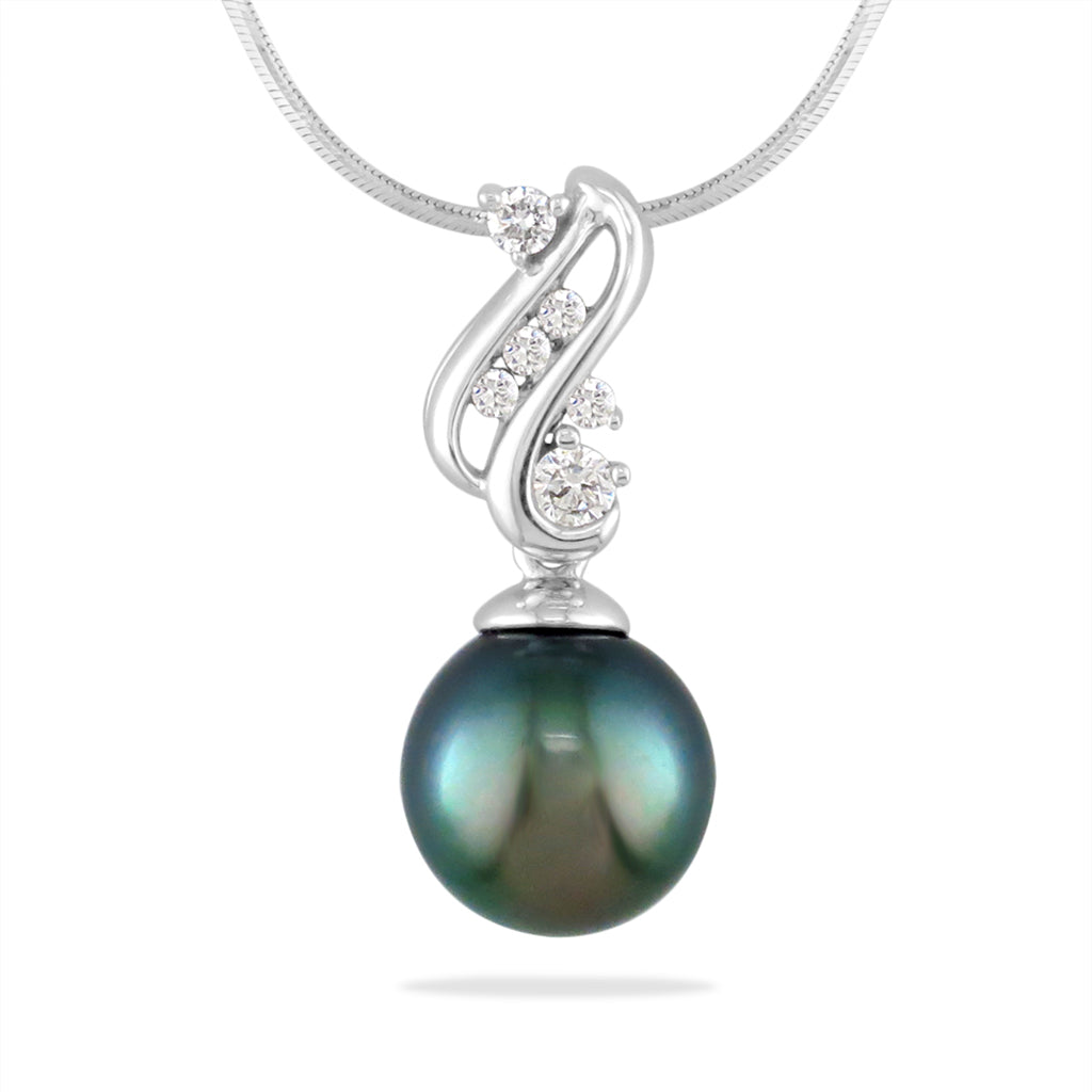 Pendant with 11mm Tahitian pearl & waterfall-like 14k white gold setting accented by sparkling white diamonds. Item No. 41087