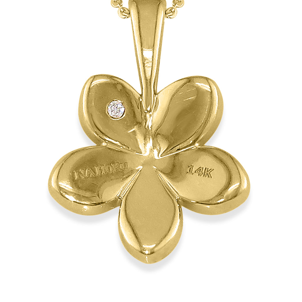 Back side of koa wood plumeria pendant showing gold & trademark stamp, highlighting diamond on top left petal. Item No. 41171