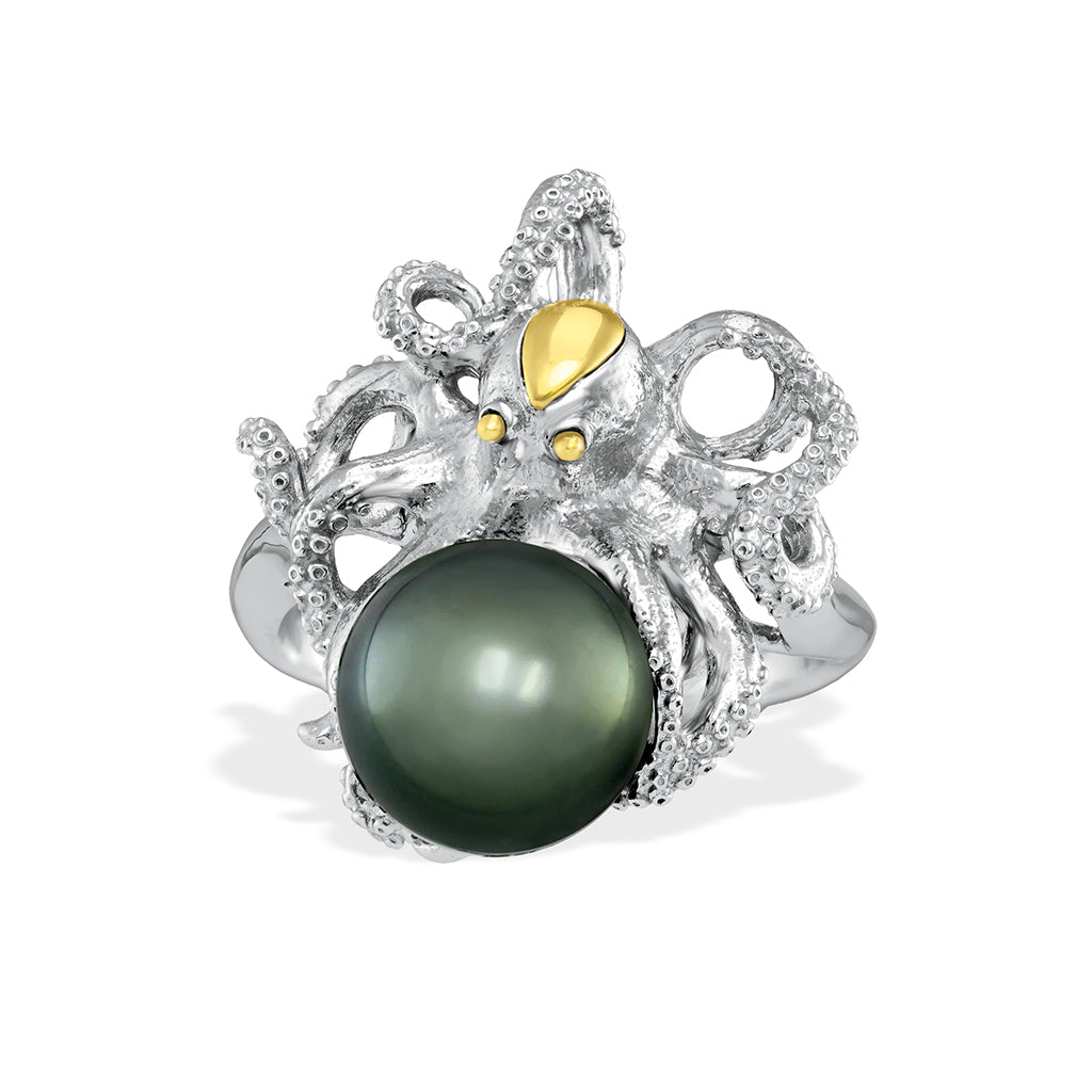Detailed sterling silver octopus ring featuring a 9mm tahitian pearl and gold accents on the head and eyes. Item No. 41261