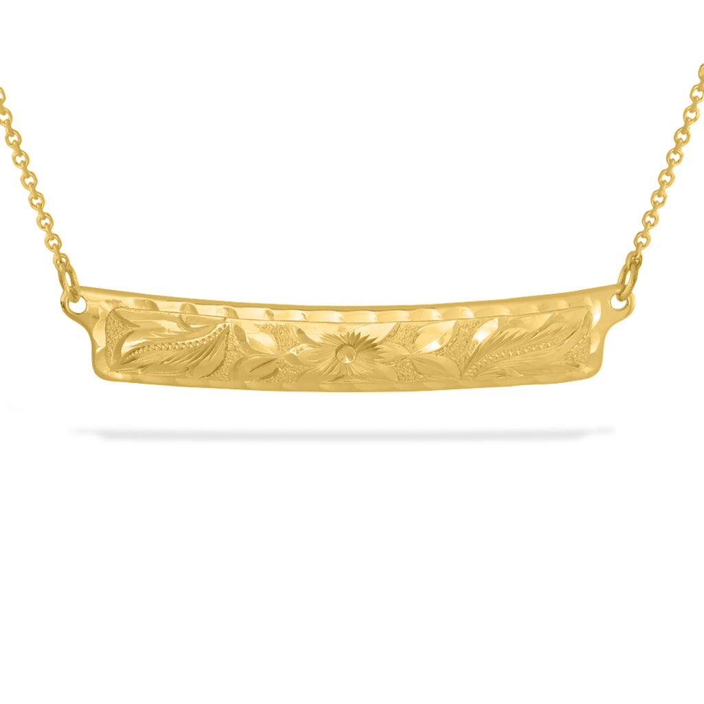 Hawaiian heirloom gold horizontal necklace with hand-engraved plumeria scroll design on a cable chain. Item No. 60320