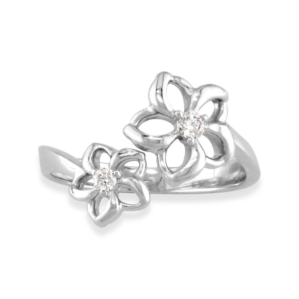 Elegant 14K white gold ring featuring two sparkling diamond plumeria flowers in a bypass band style. Item No. 41061