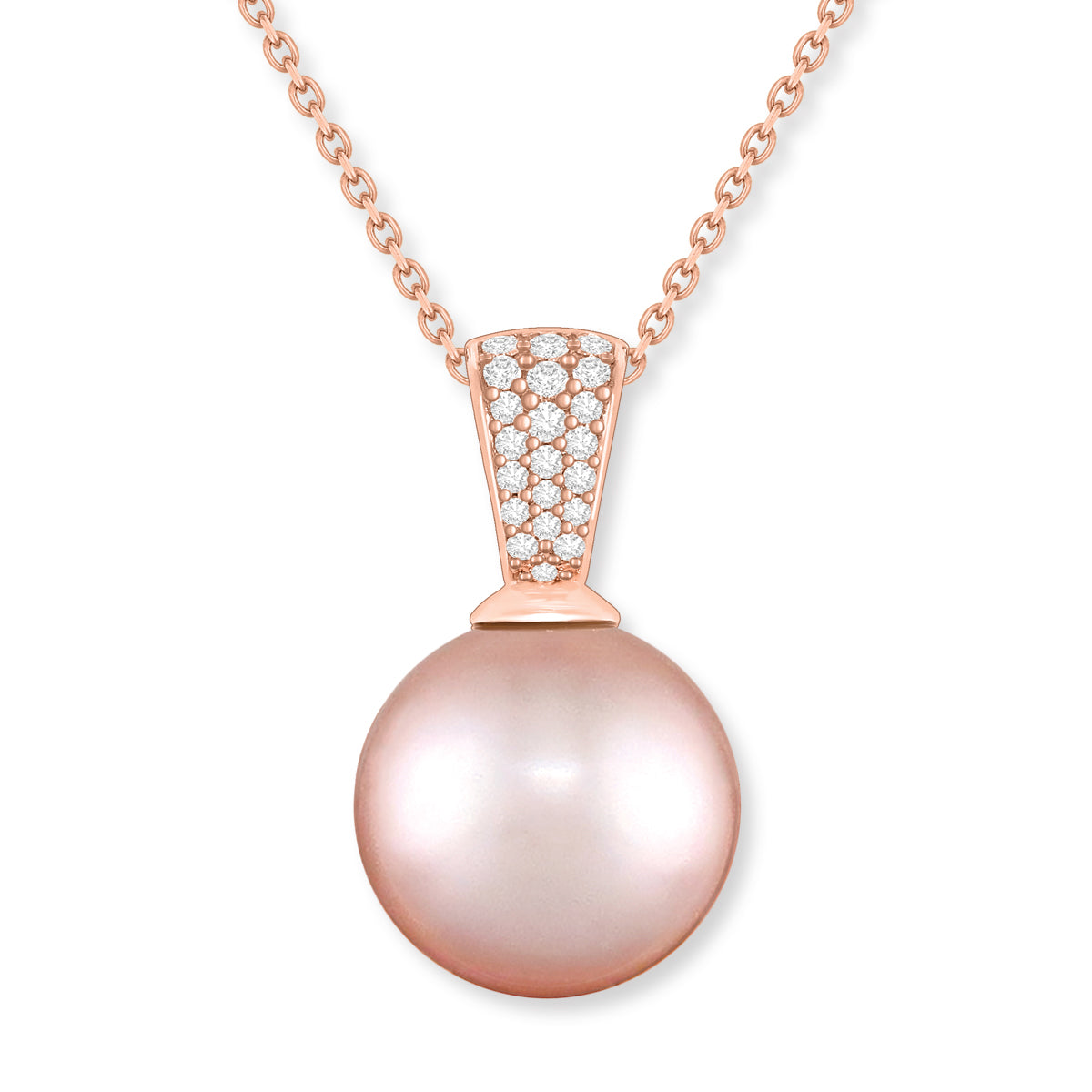 A 13mm natural pink pearl rose gold pendant accented by a pavé diamond set bail on a 17-inch chain. Item No. 41169