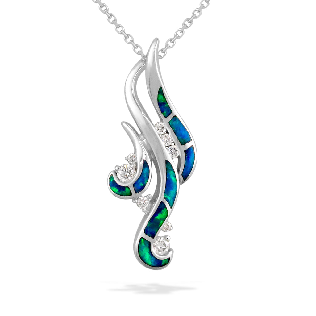 Cascading 14K white gold Waterfall pendant with opal inlay & diamonds, hung on a 14K white gold chain. Item No. 41019