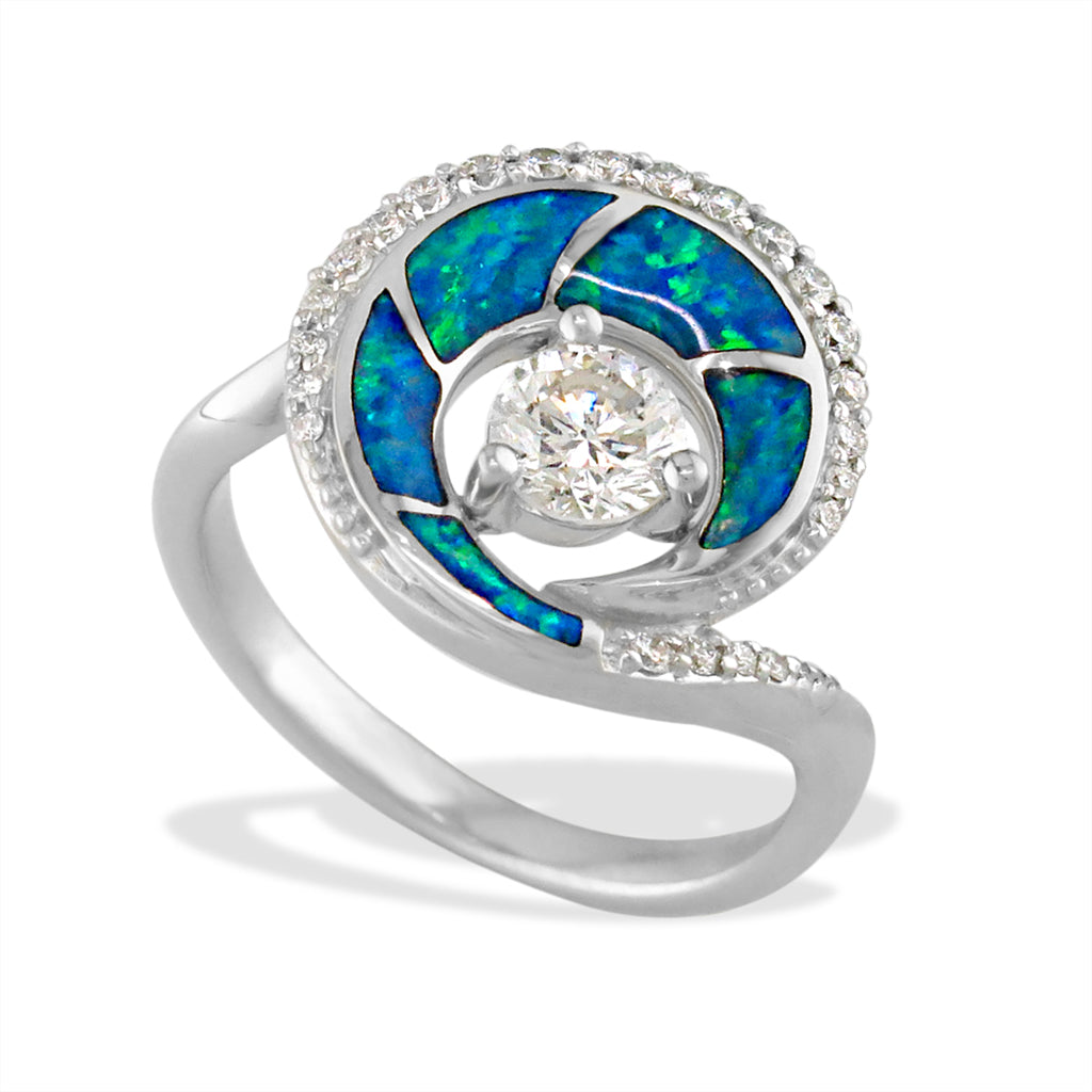 White gold halo-like ring, echoing a wave design with diamonds accents, opal inlays & a 0.50CT center diamond. Item No. 41029