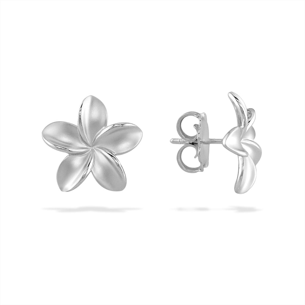 Sterling silver plumeria flower stud earrings with matte finish, shown from front and side angles. Item No. 41050