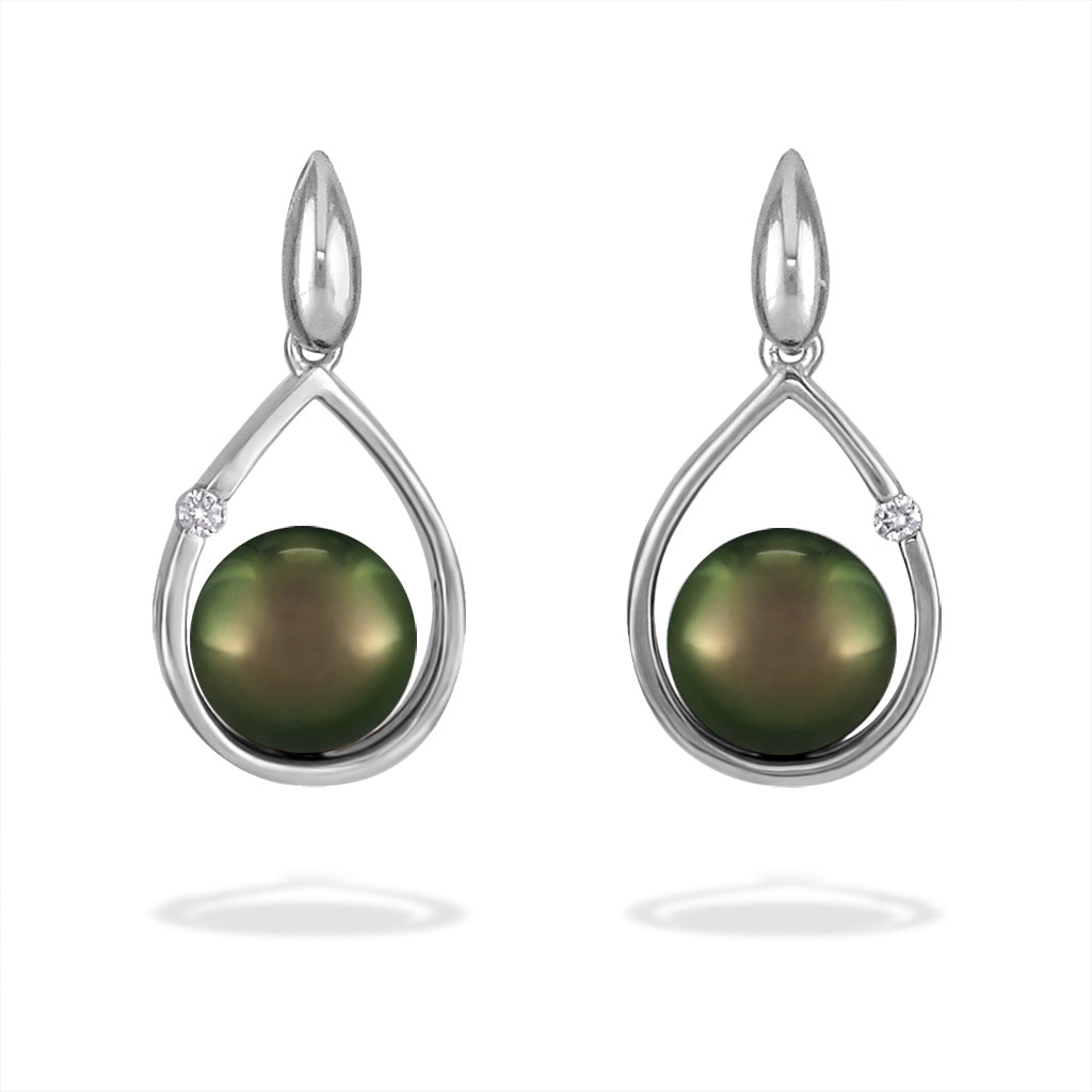 White gold raindrop designed dangle earrings with tahitian pearls and single diamonds on each earring. Item No. 41075