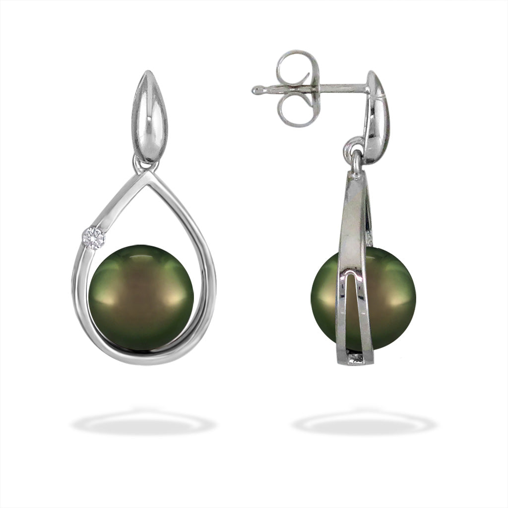 Raindrop style earrings in 14k white gold with open-back settings, tahitian pearls & posts with earnuts. Item No. 41075
