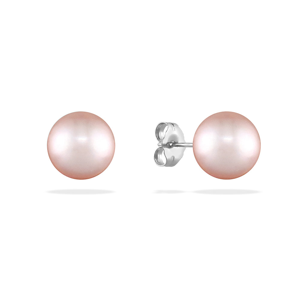 Pink freshwater 8mm pearl studs with the right side tilted to show the 14k white gold posts. Item No. 41021