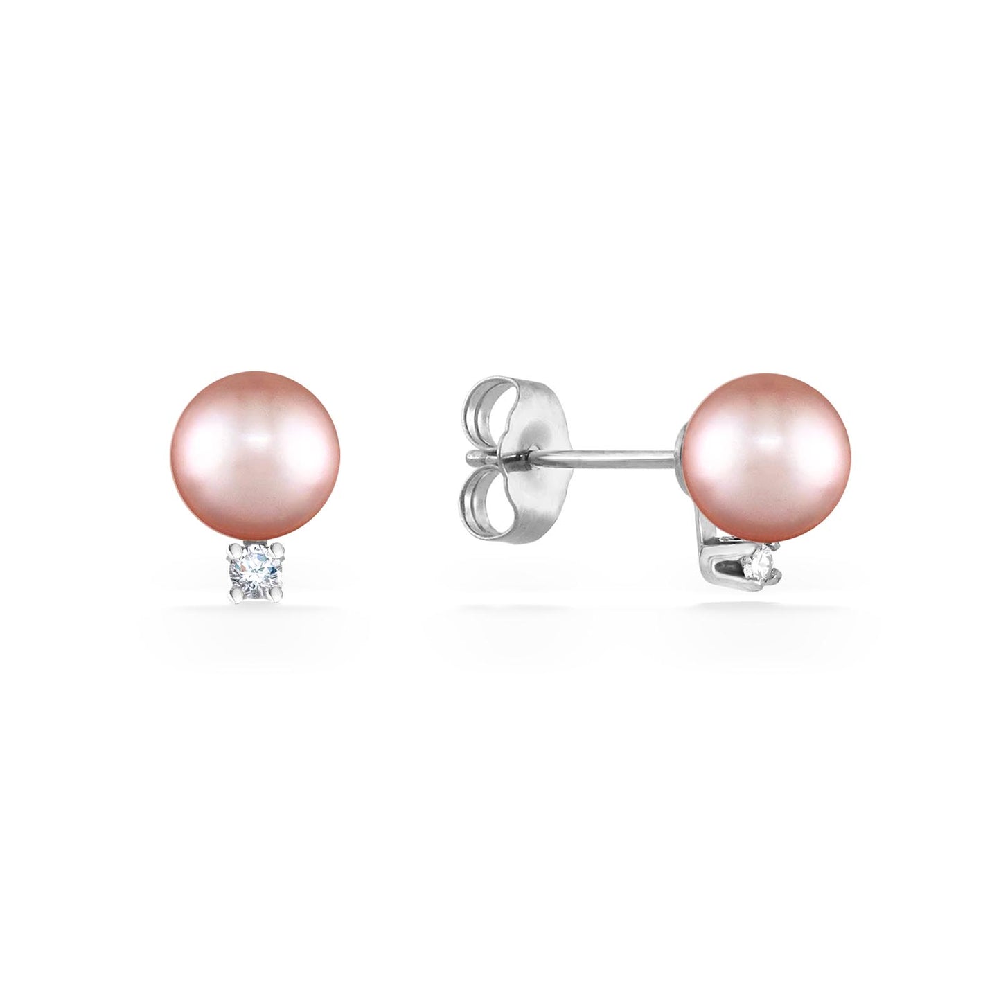 Pink freshwater pearls on 14k white gold posts with a cute diamond accent on the bottom. Item No. 41448