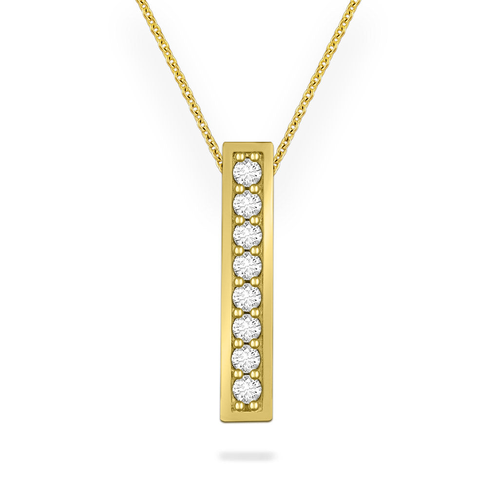 Front view of yellow gold maile scroll bar necklace showcasing a row of sparkling diamonds, 16 to 18 inches. Item No. 40932