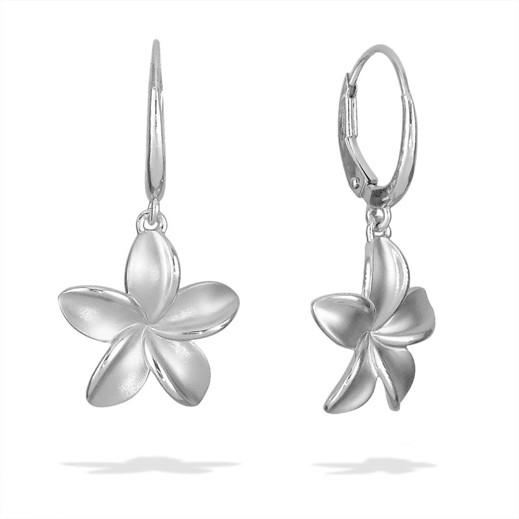 Small sterling silver plumeria earrings in front and side view showing leverback design. Item No. 40976