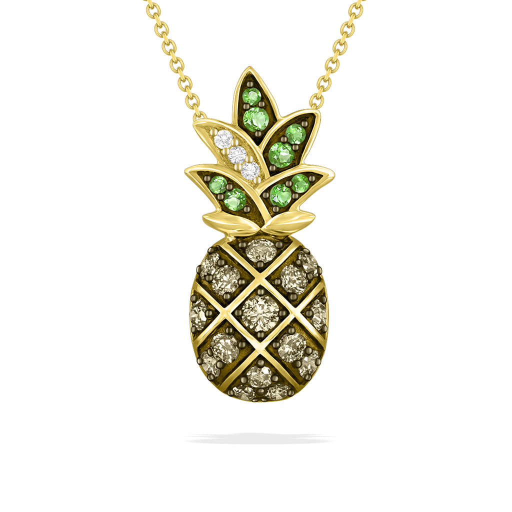 Pineapple pendant with green and brown gemstones set in 14k yellow gold, with diamond accents. Item No. 769229