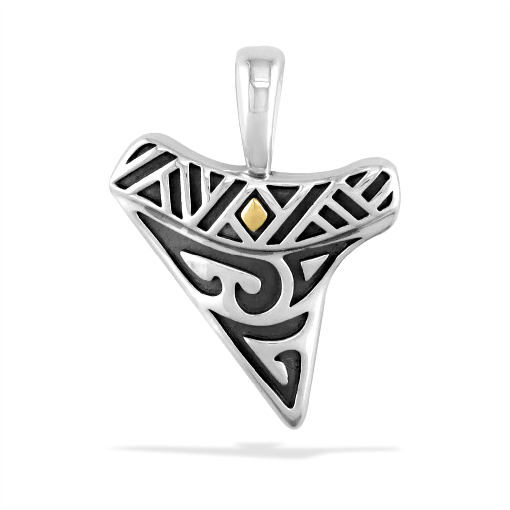 Sterling silver and 18K yellow gold Hawaiian shark tooth pendant with intricate enamel tattoo design. Item No. 40795.