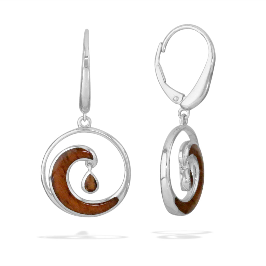 Front & side view of sterling silver wave leverbacks with wave design, koa wood inlay and shimmer. Item No. 769145