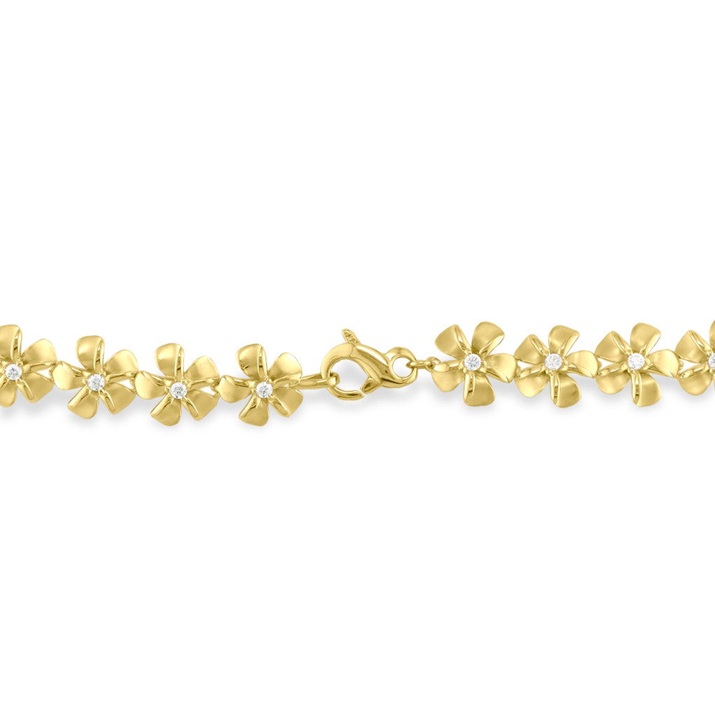 Focused shot of the plumeria necklace lobster clasp mechanism and details of the diamond accented plumerias . Item No. 40838