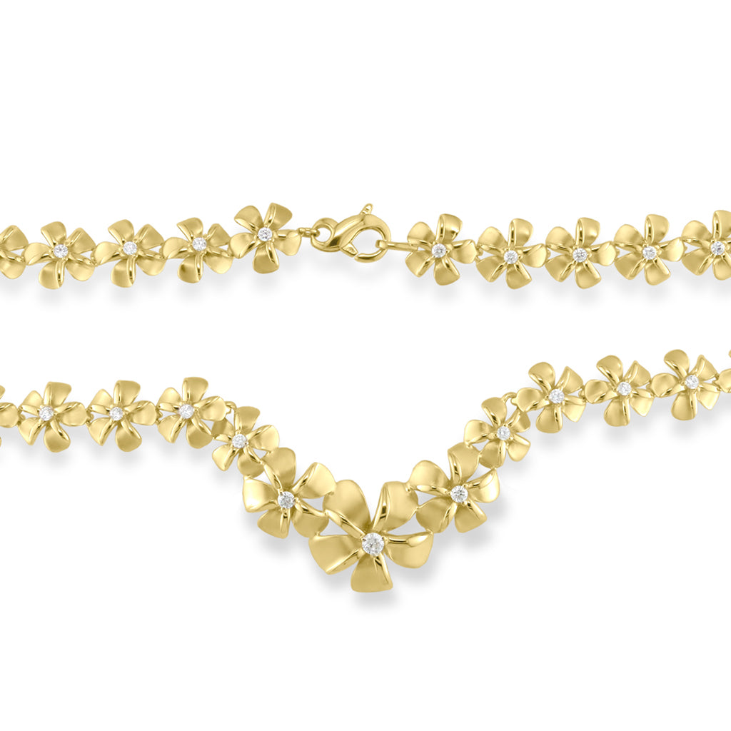 Close up view showing the diamond-accented gold plumeria necklace with lobster clasp detail. Item No. 40838