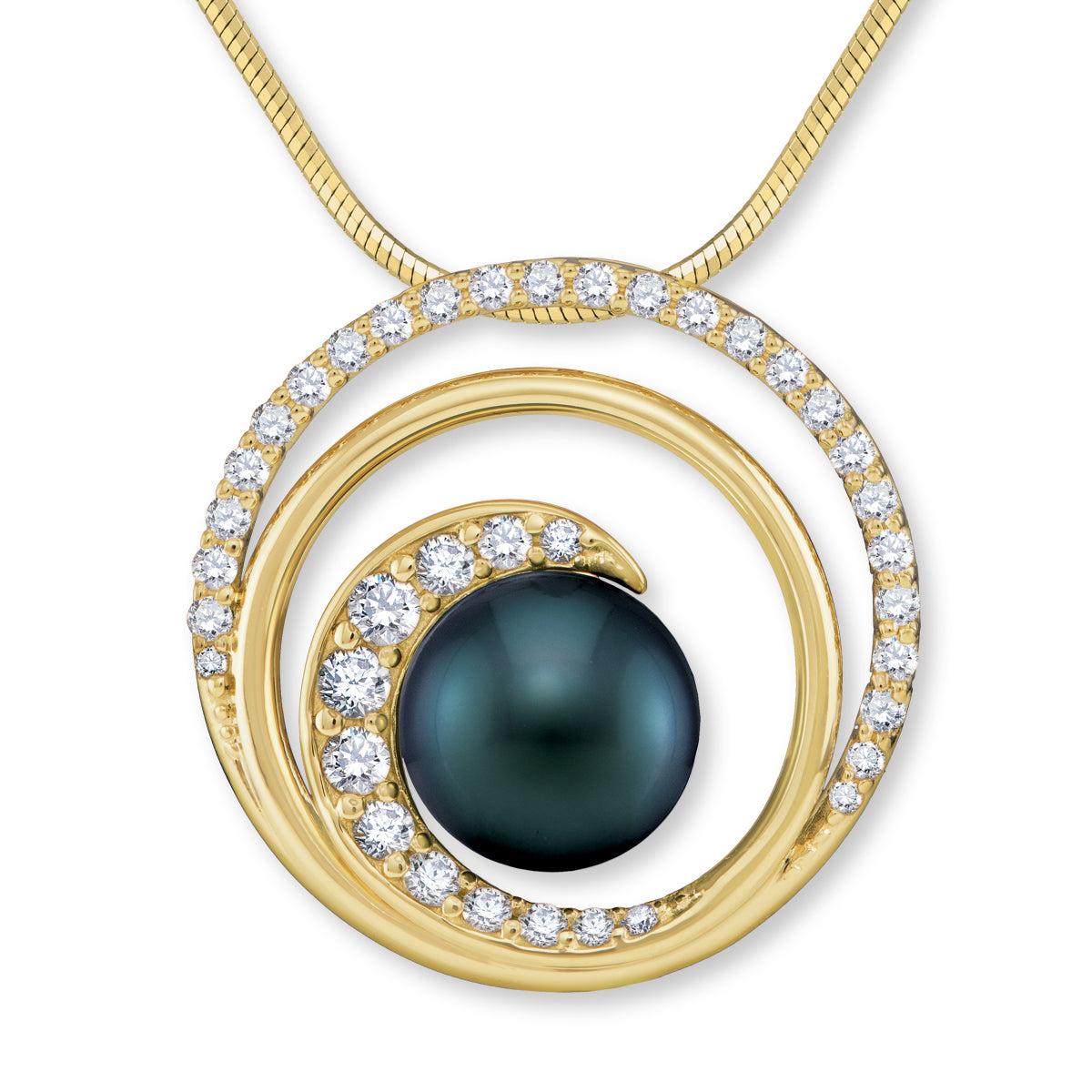 Yellow gold circle pendant that's wave-inspired, with diamond accents and a center 10mm tahitian black pearl. Item No. 40665