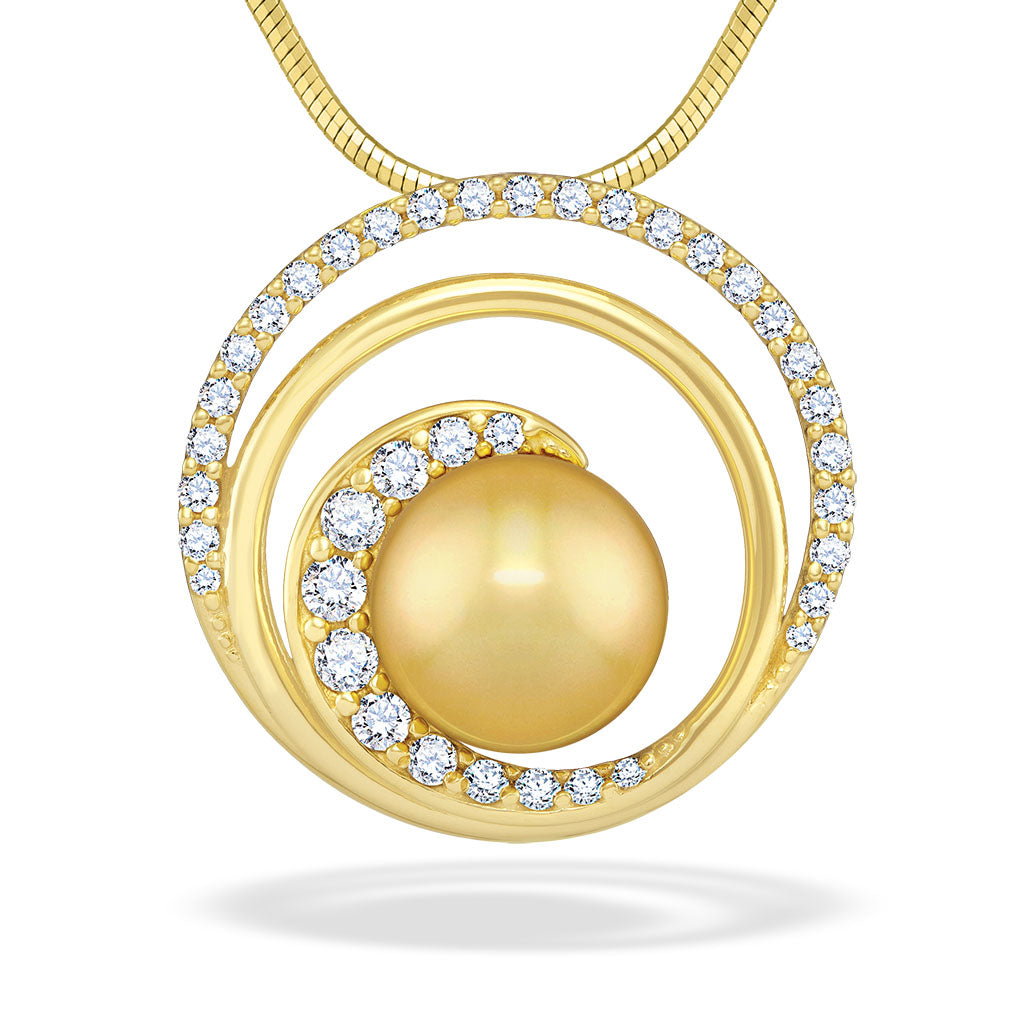 Wave pendant in 14K yellow gold with diamonds atop & in the wave design. 10mm center Golden South Sea Pearl. Item No. 40667