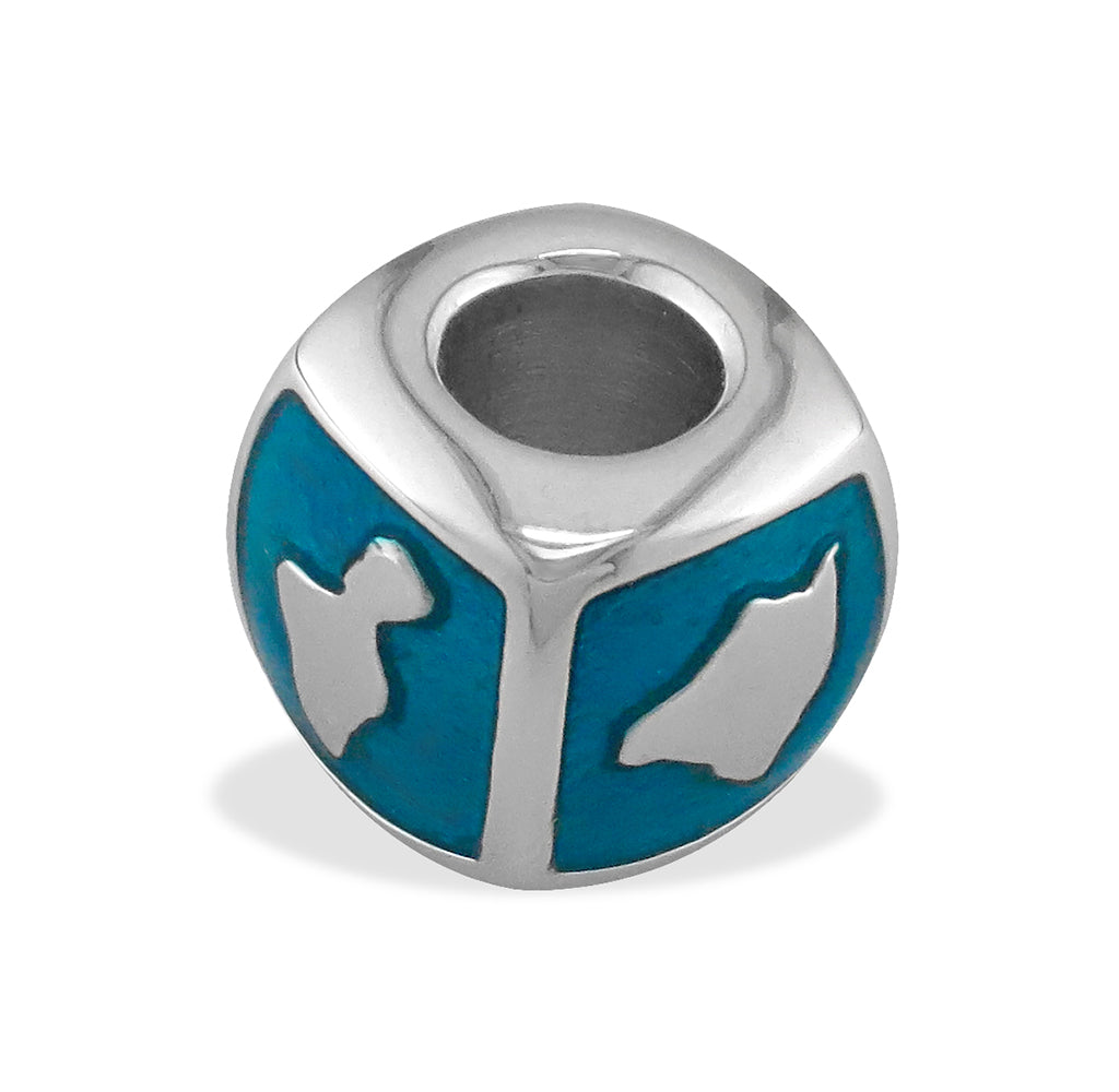 Sterling silver puka bead charm featuring blue enamel panels with polished Hawaiian island-shaped cutouts. Item No. 40046