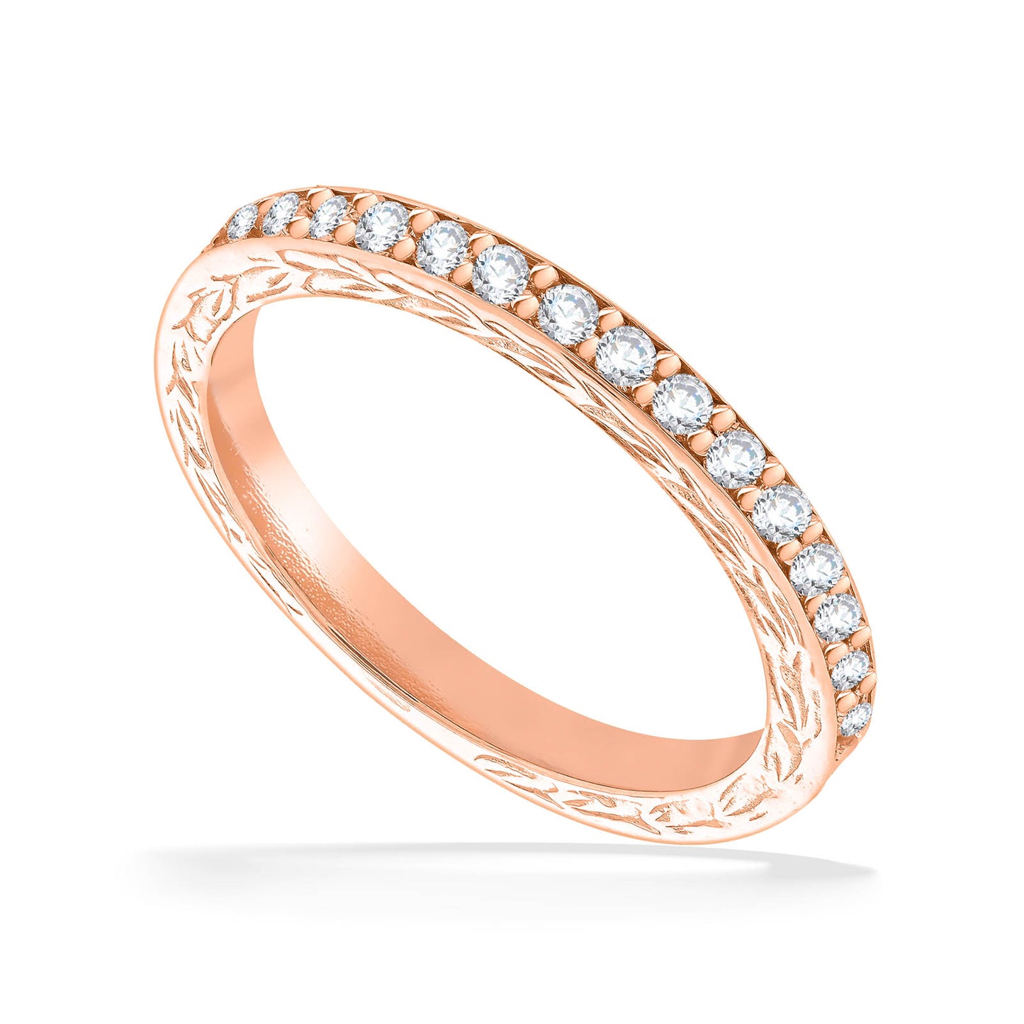 Rose gold Maile ring featuring pavé-set diamonds and carved Maile scrollwork wrapping the full band. Item No. 40784