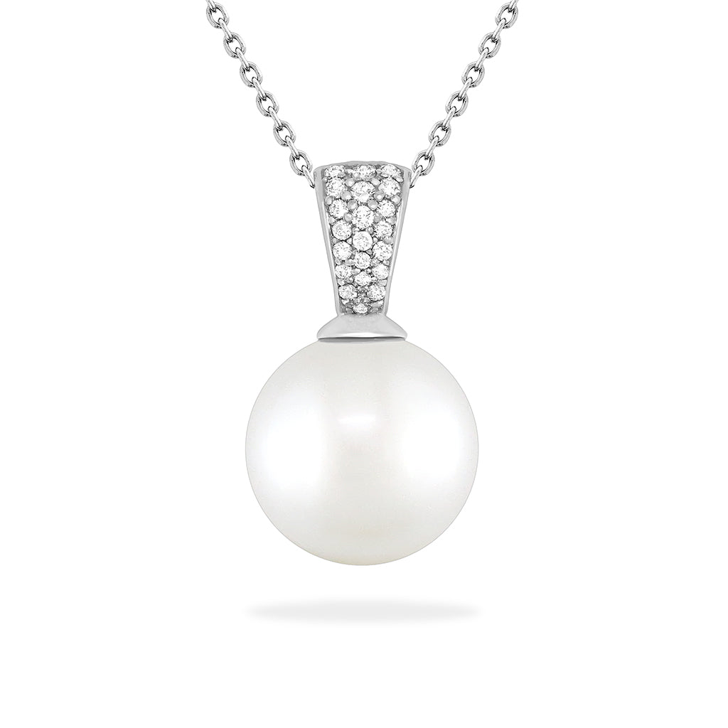 Refined 14K white gold pendant showcasing a 13–14mm White South Sea pearl with pavé-set diamond bail. Item No. 16826