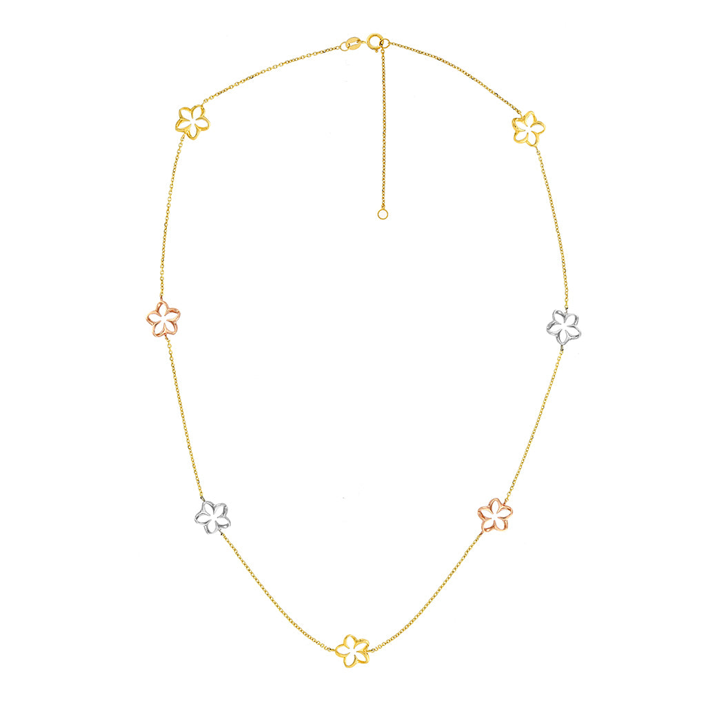 Stationary adjustable necklace with 7 open plumerias made in tri-color gold on a dainty 14k yellow gold chain. Item No. 41592