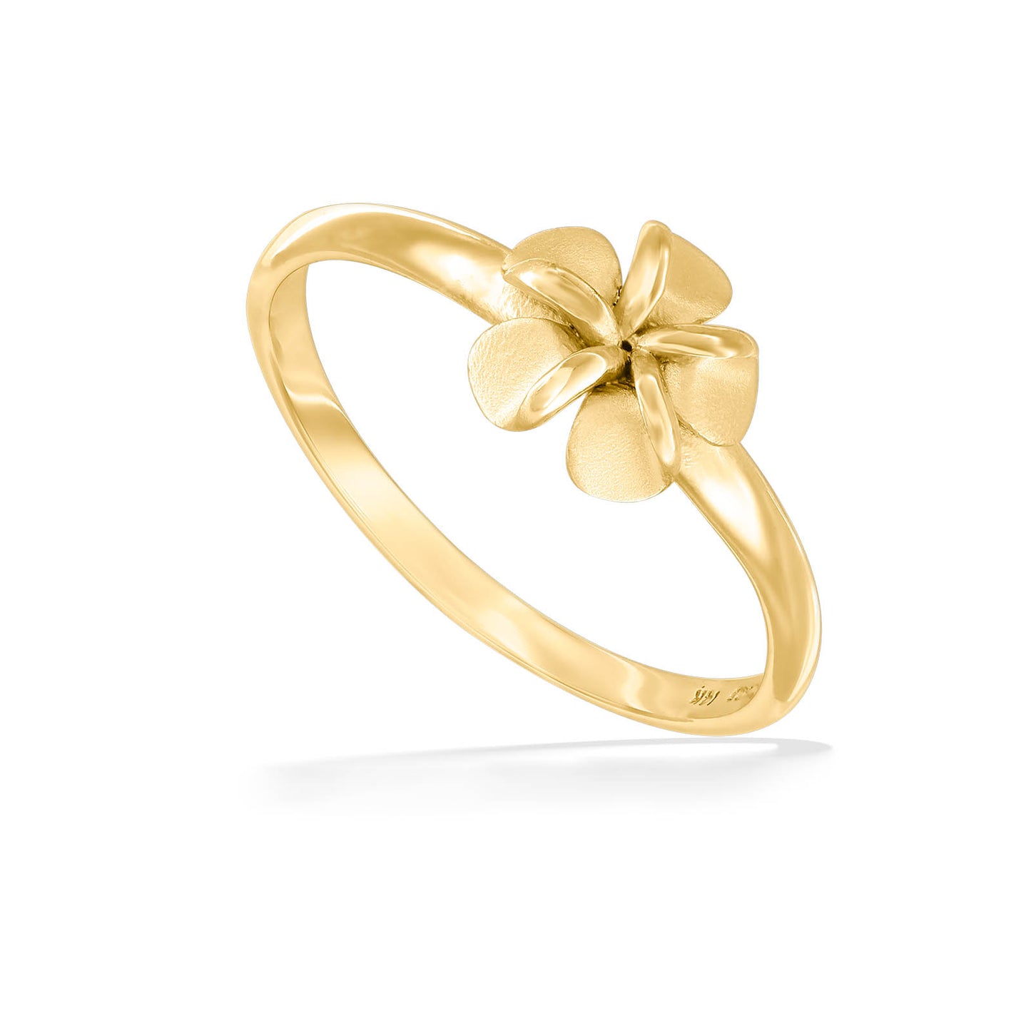 Minimalistic ring made in 14k yellow gold with a satin & polished textured plumeria flower centerpiece. Item No. 40673