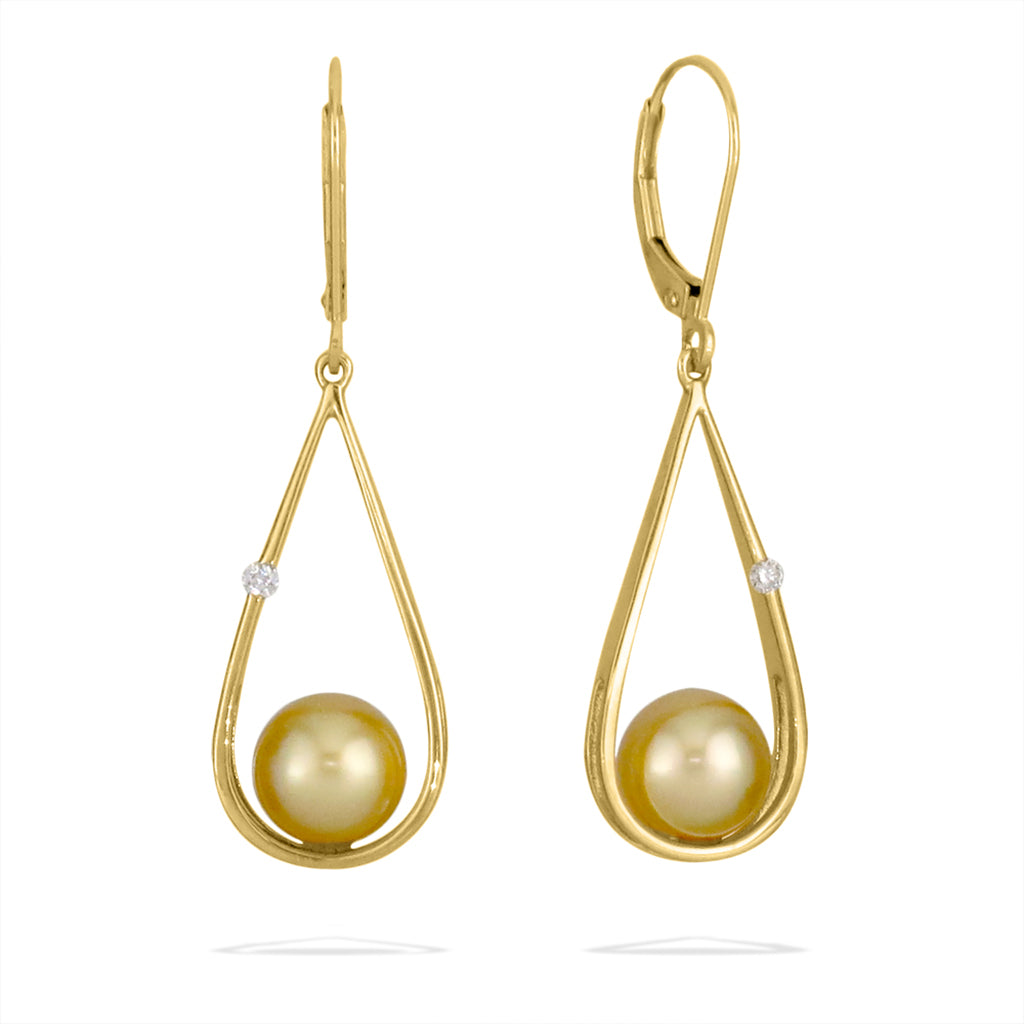 Yellow gold raindrop leverback earrings with 8.5 to 9mm Golden South Sea pearls and 0.06 carats of diamonds. Item No. 40605