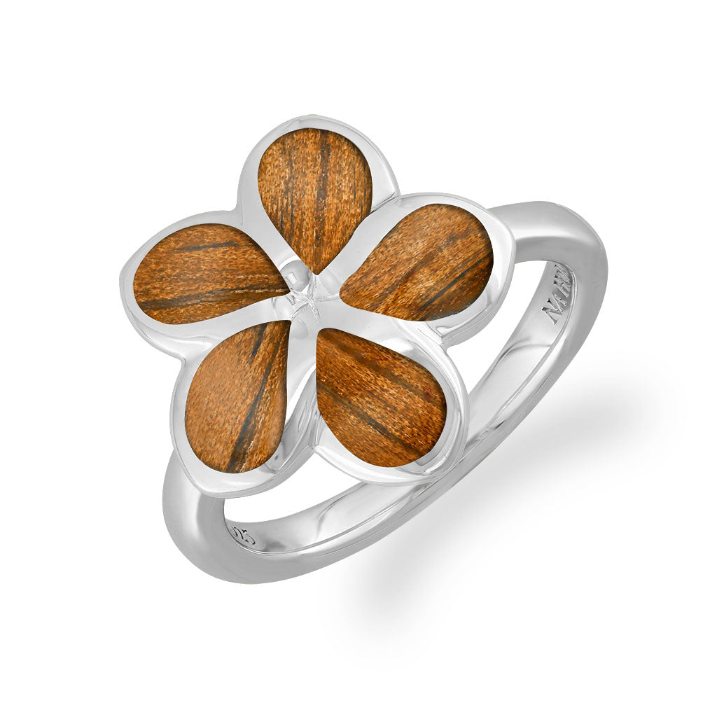 Plumeria ring made in sterling silver with koa wood inlay in each of the plumerias petal. Item No. 769007