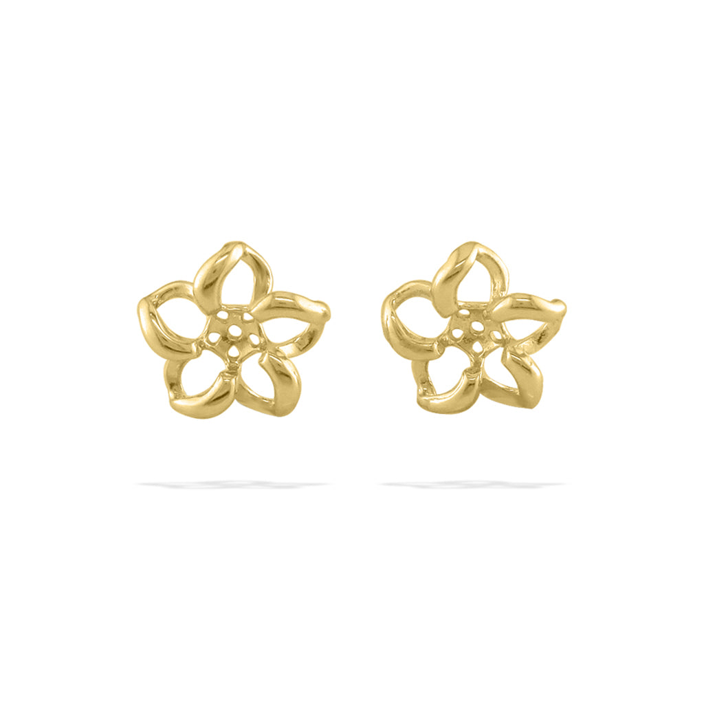 Yellow gold plumeria earring jackets with open flower design, shown without stud centers. Item No. 40625