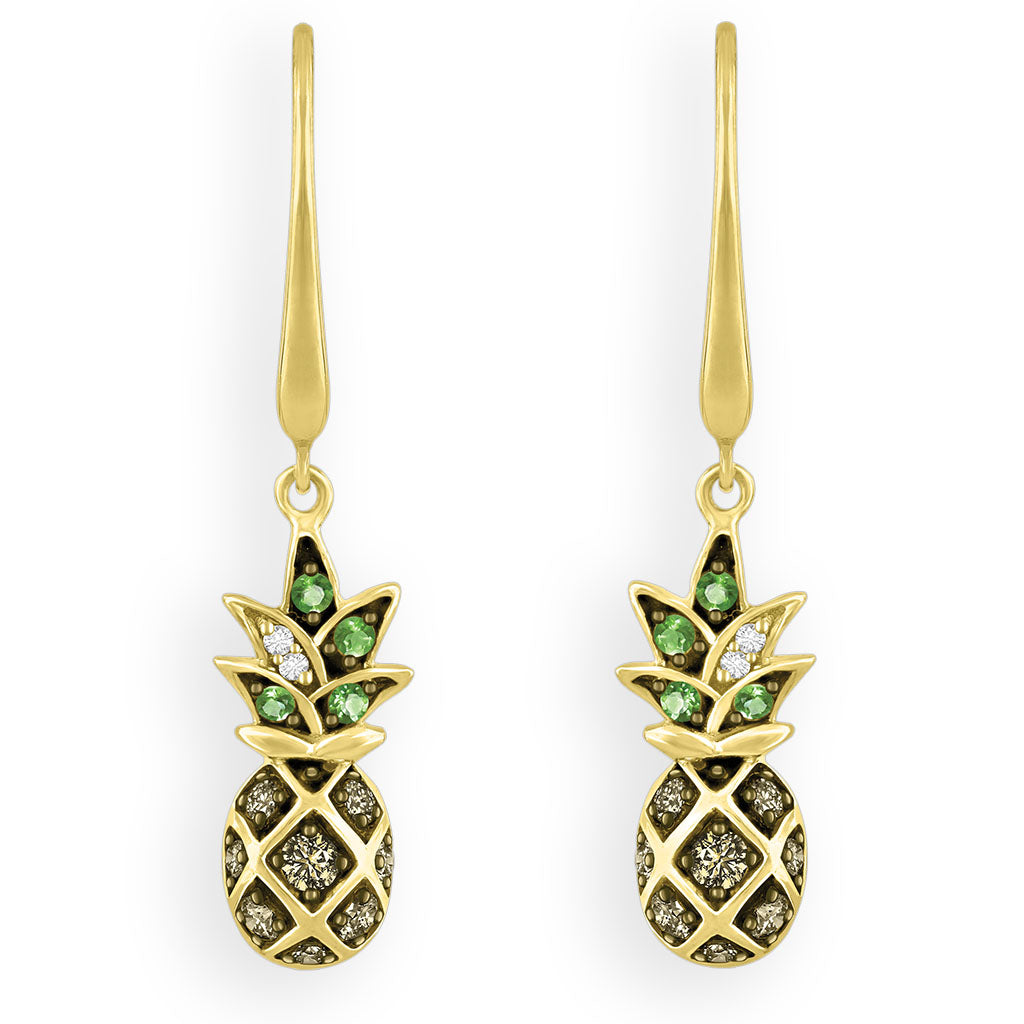 Yellow gold pineapple leverback earrings with green and brown gemstones and diamond accents. Item No. 769036