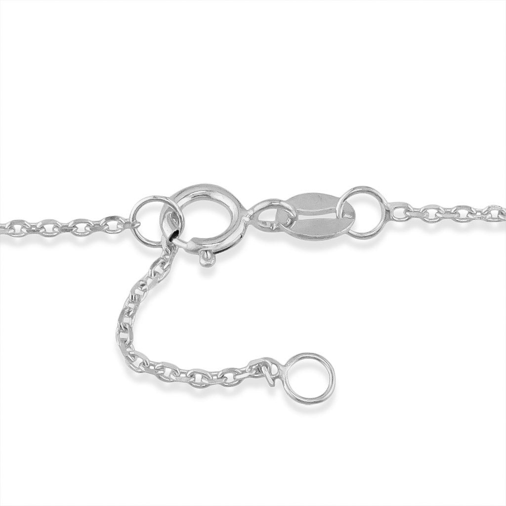 White gold spring ring clasp with extender chain featured on adjustable maile bar bracelet. Item No. 40440