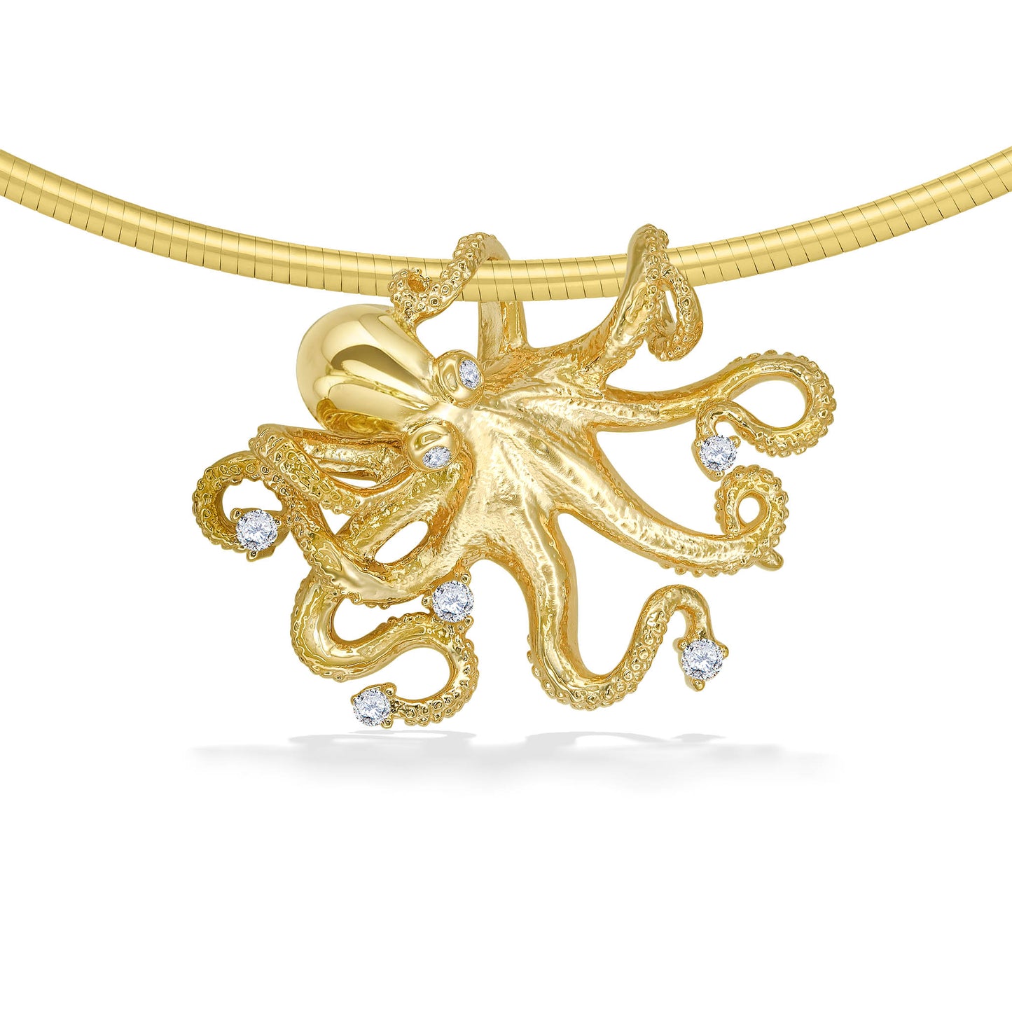 Textured tentacles curl around a 14k gold necklace in this diamond-detailed octopus pendant design. Item No. 40767