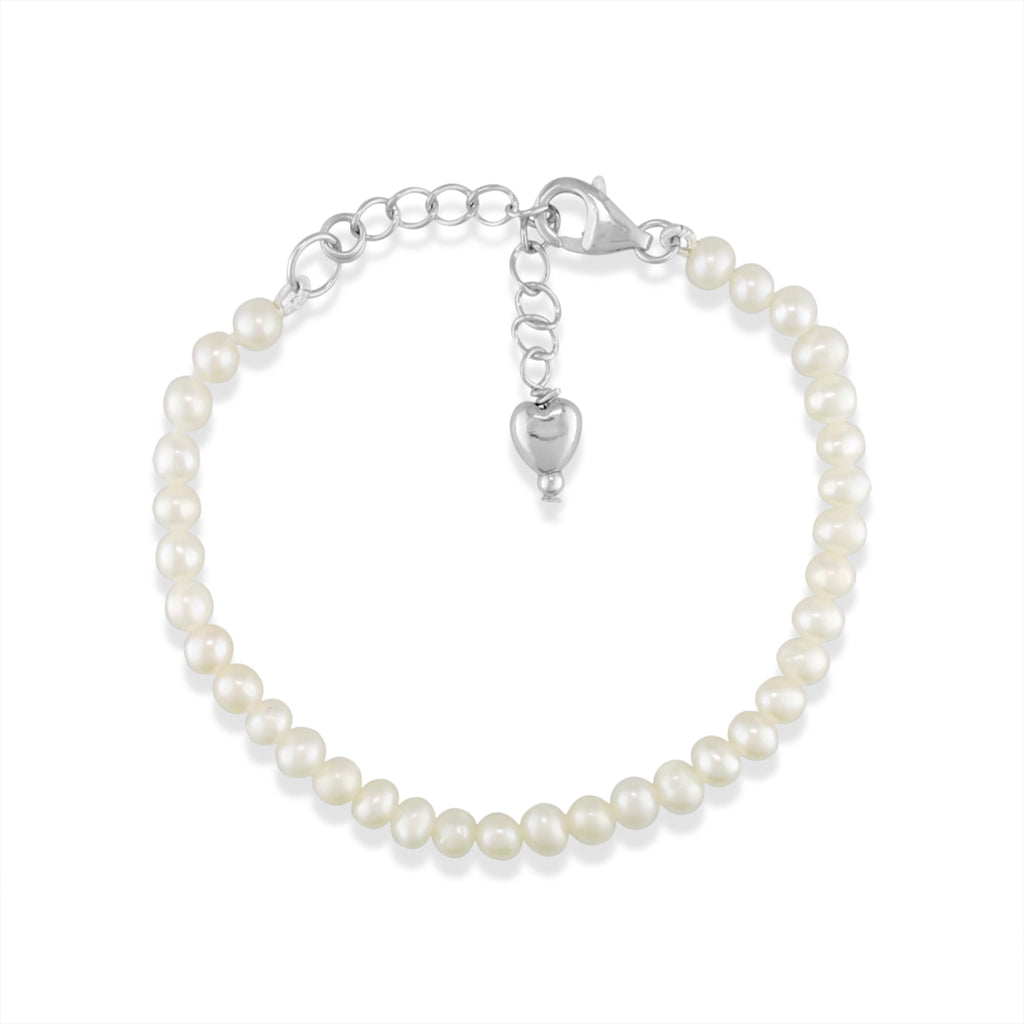 Sterling silver child's pearl bracelet with white potato-shaped freshwater pearls & adjustable 6.5" length. Item No. 768938