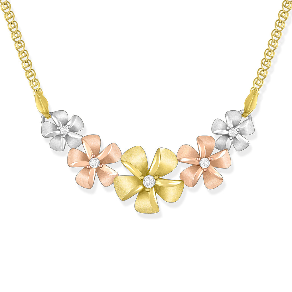 Tri-color plumeria necklace with yellow, white & rose gold plumerias accented by center diamonds. Item No. 41616