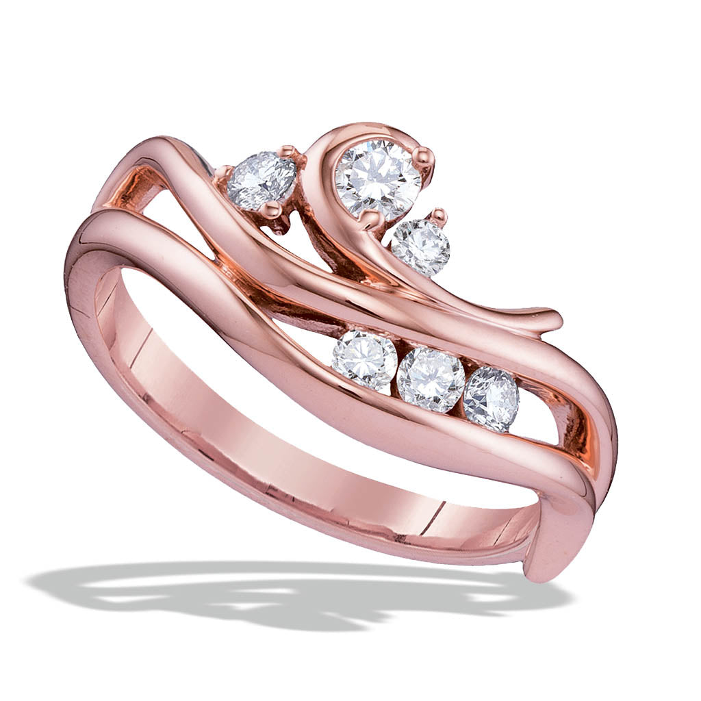 Delicate 14k rose gold waterfall ring with soft curves and clustered diamonds in a graceful, sculptural form. Item No. 40551