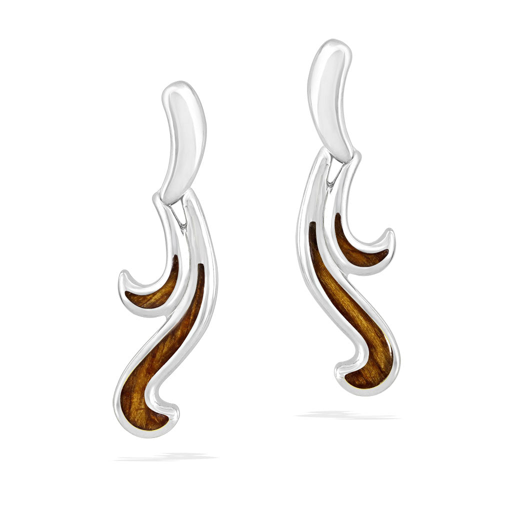 Sterling silver waterfall earrings with a flowing wave design and rich Hawaiian koa wood inlay accents. Item No. 769847