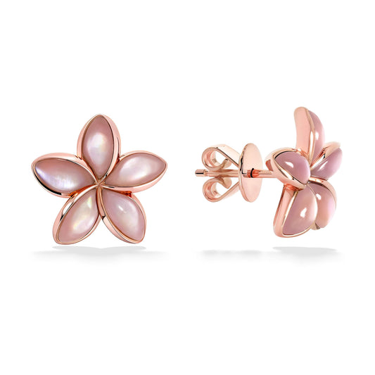 Partial view of rose gold plumeria stud earrings with pink mother of pearl inlay, right side showing earnuts. Item No. 41698